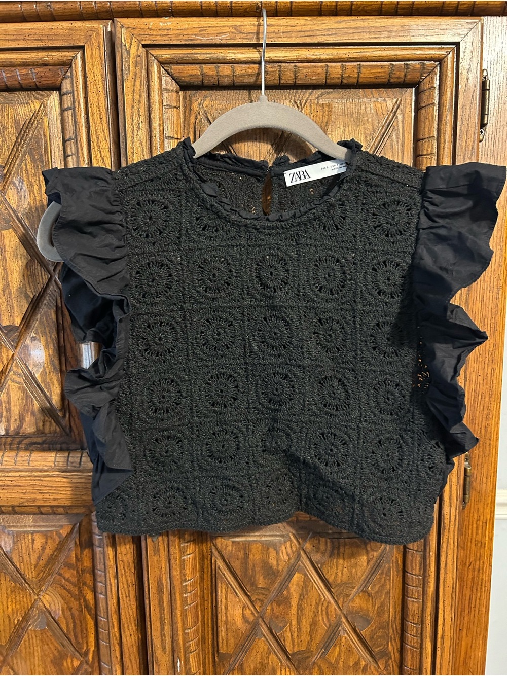 Zara Black Crochet Ruffle Sleeve Crop Top Blouse